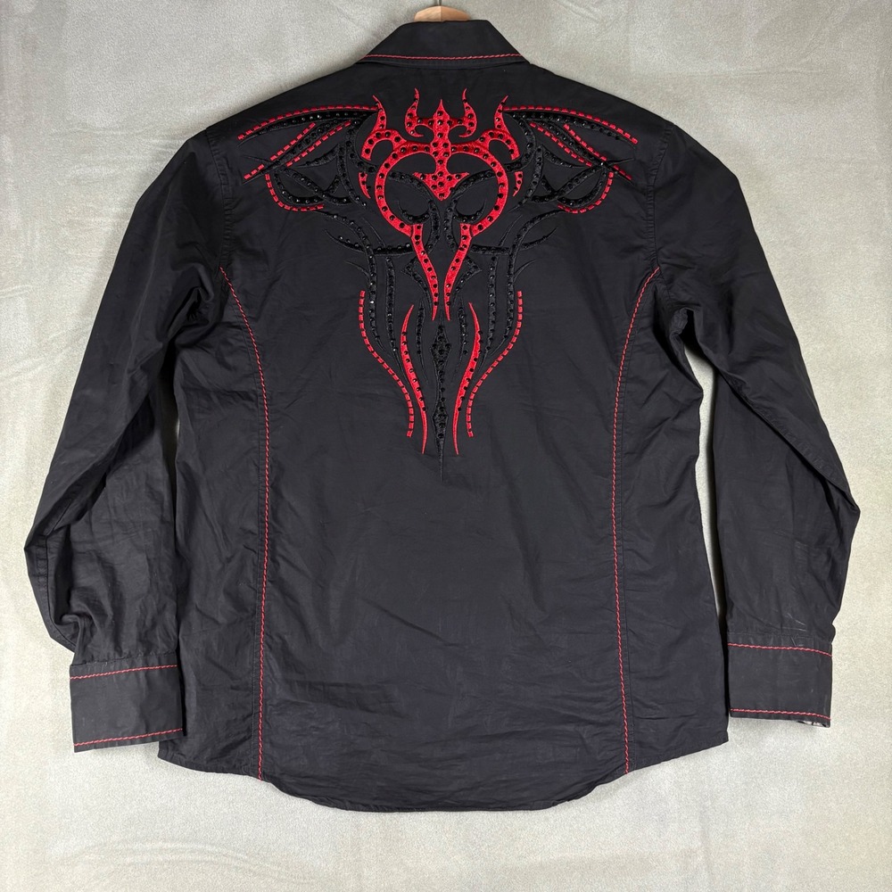 House of Lords Mens Black Red Tribal Embroidered Button Down Shirt Y2K